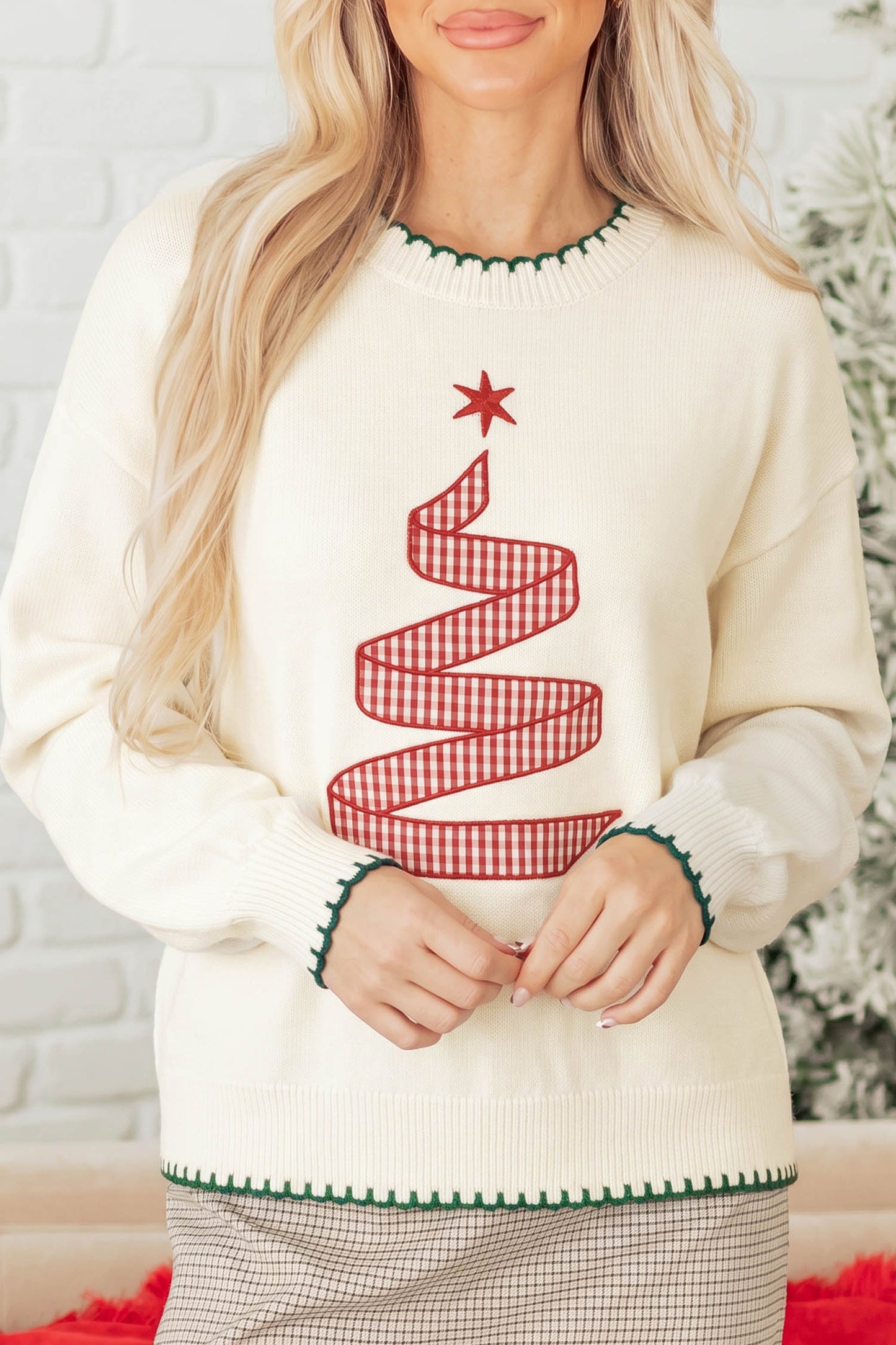 Women's Plaid Ribbon Christmas Tree Knit Sweater