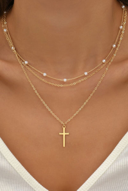 Gold Cross Pendant Pearl Triple Layer Chain Necklace