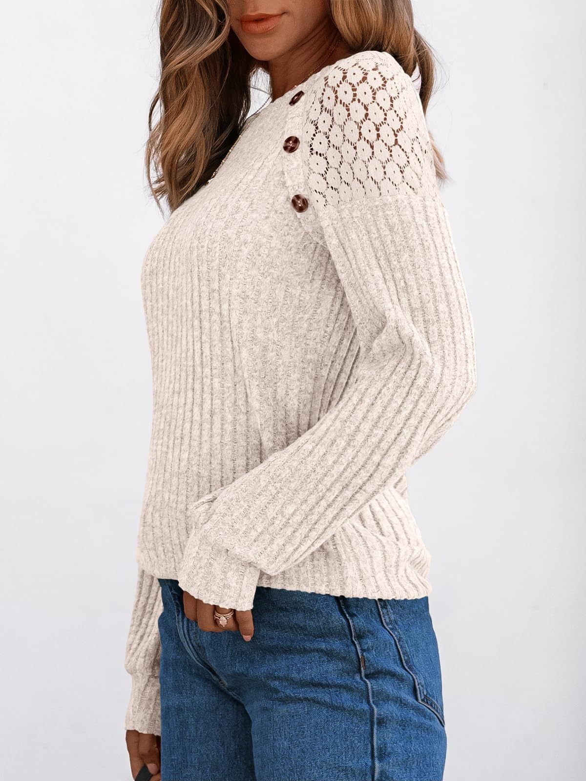 Solid Ribbed Knit Button Pullover with Lace & Buttons