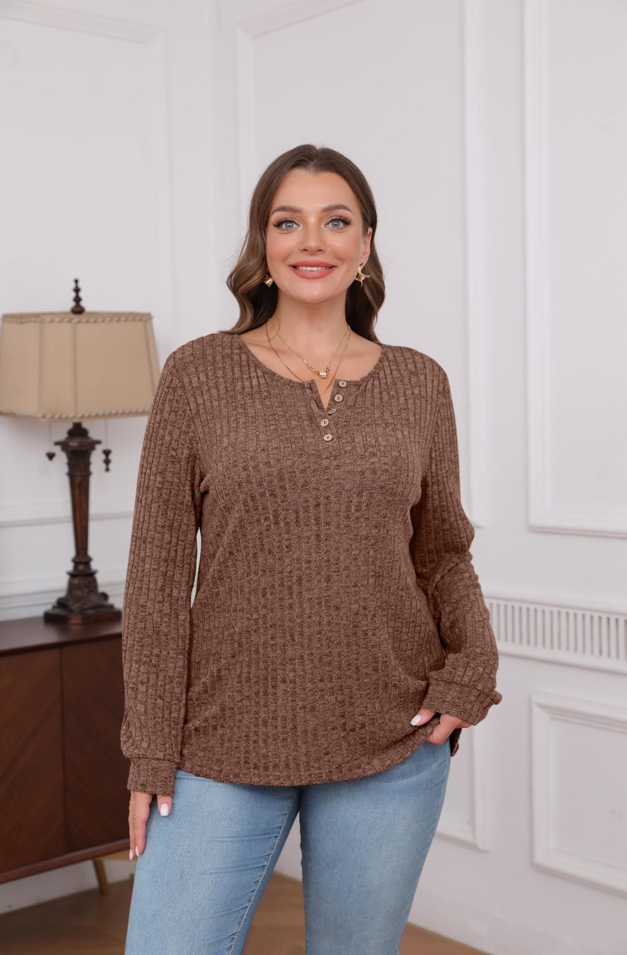 Ribbed V-Neck Button Knit Long Sleeve Pullover