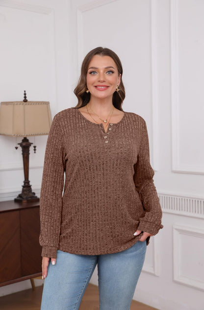 Ribbed V-Neck Button Knit Long Sleeve Pullover