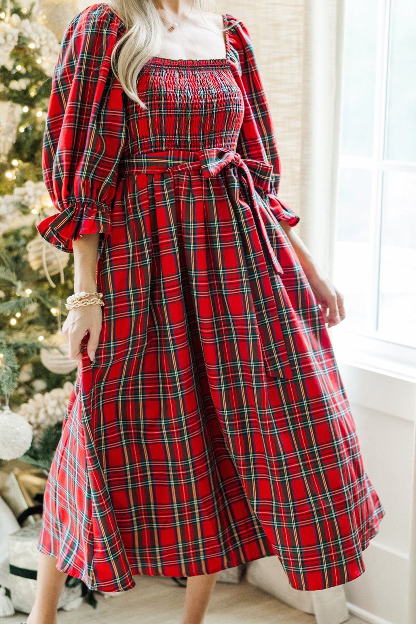 Red Tartan Plaid Puff Sleeve Smocked Waist Christmas Dress