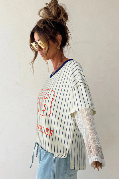 Striped 88 Graphic Lace Sleeve V Neck Faux Layered Top