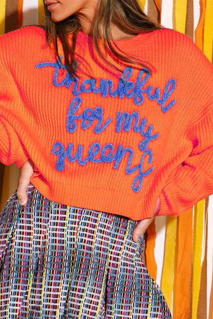Orange Thankful for My Queens Ribbed Knit Sweater