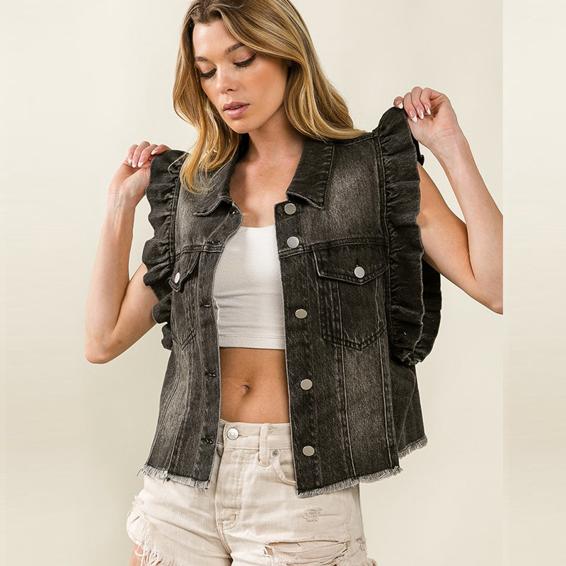 Leopard Print Denim Ruffle Sleeve Button Vest Top