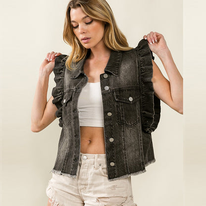 Leopard Print Denim Ruffle Sleeve Button Vest Top