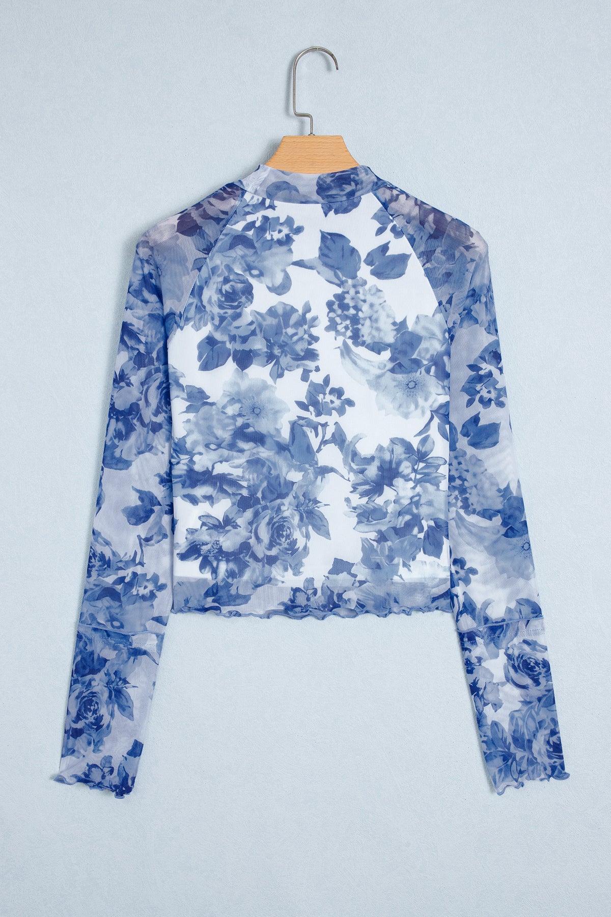 Blue Floral Mesh Mock Neck Long Sleeve Fitted Top