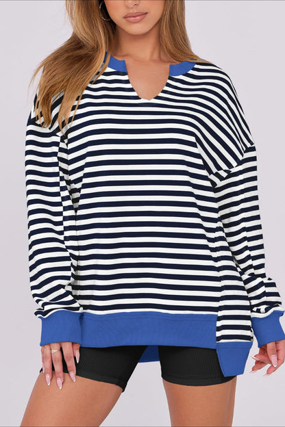 Bold Striped V-Neck Sweatshirt with Neon Contrast Trim