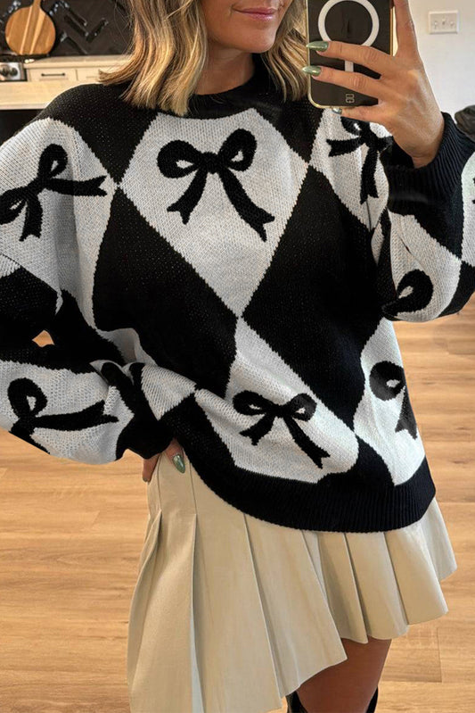 Black White Bow Argyle Knit Oversized Sweater