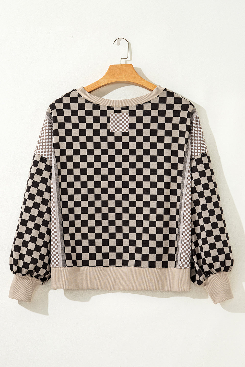 Khaki Checkered Patchwork High Low Round Neck Casual Top