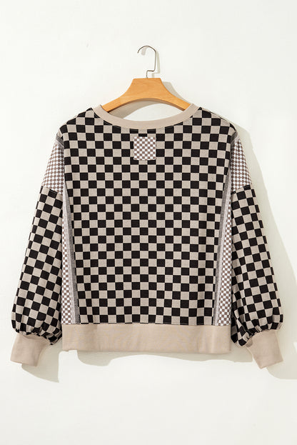 Khaki Checkered Patchwork High Low Round Neck Casual Top