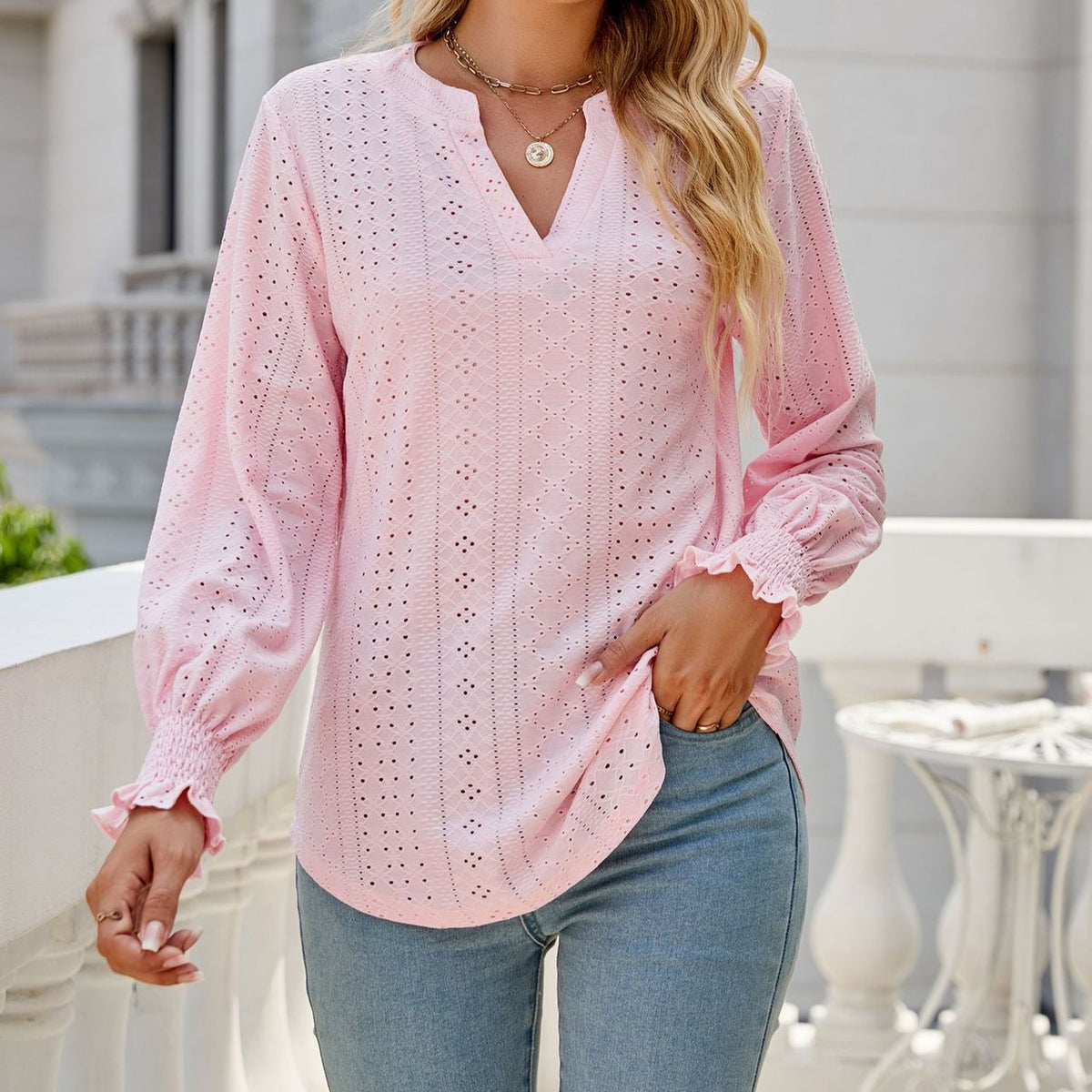 Women's Eyelet V-Neck Long Sleeve Ruffle Cuff Loose Blouse