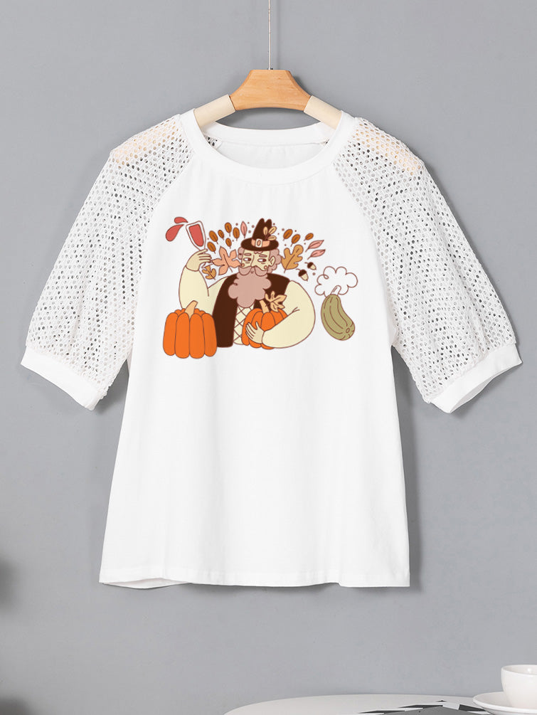Thanksgiving Harvest Pilgrim Pumpkin Lace Sleeve Fall Tee