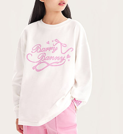 Girls Sweet Print Long Sleeve White Crewneck Tee