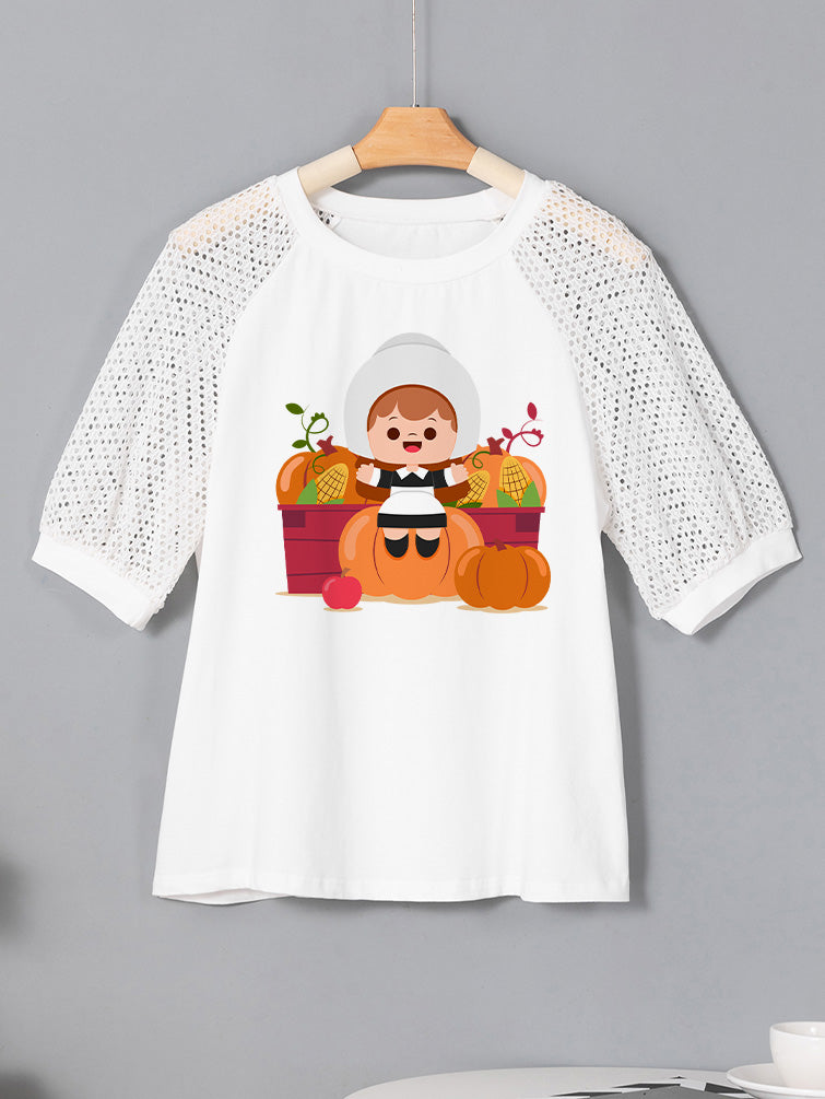 Thanksgiving Pilgrim Girl Pumpkin Harvest Lace Sleeve Tee