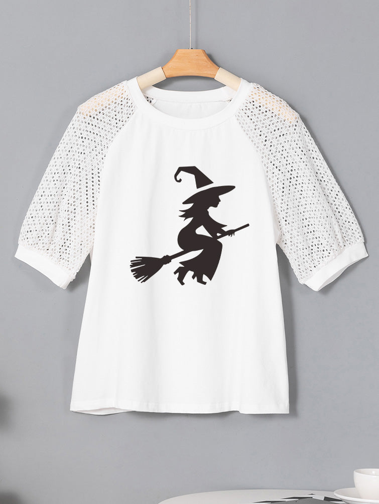 Witch Graphic Halloween Tee with Crochet Lace Sleeves