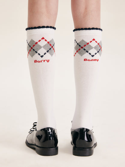 Girls Argyle Cotton Crew Socks Mid-Calf School Style