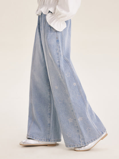 Girl's Wide Leg Star Print Denim Jeans Casual Pants