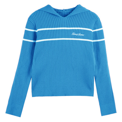 Girls' Striped Knit Hoodie Sweater with Long Sleeves