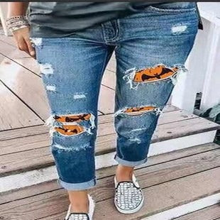 Halloween Pumpkin Print Distressed Straight Leg Jeans