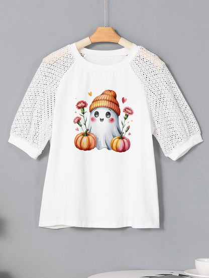 Thanksgiving Cute Ghost Pumpkin Graphic Tee with Lace Sleeves