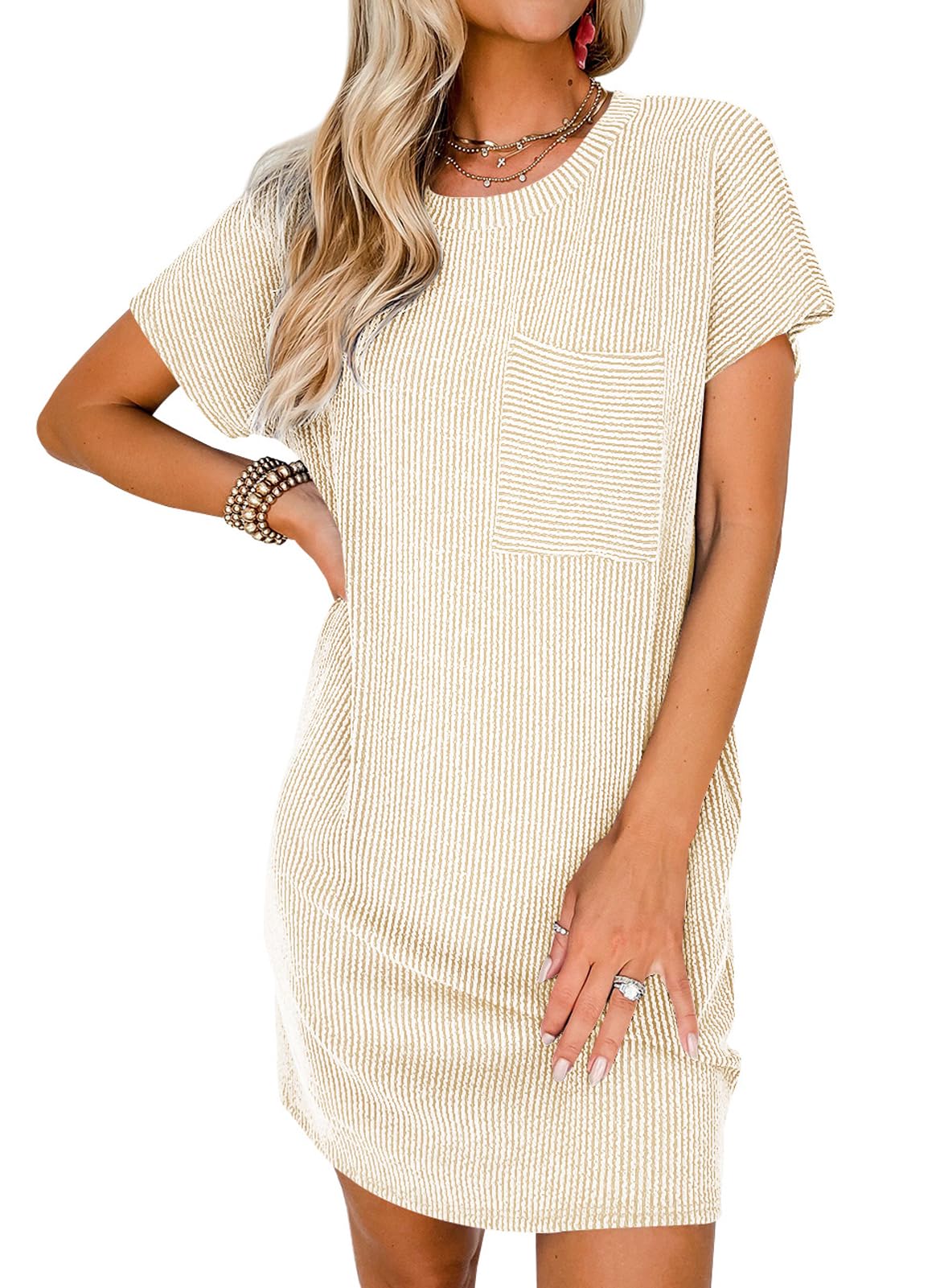 Women’s Textured Stripe Pocket T Shirt Dress Summer