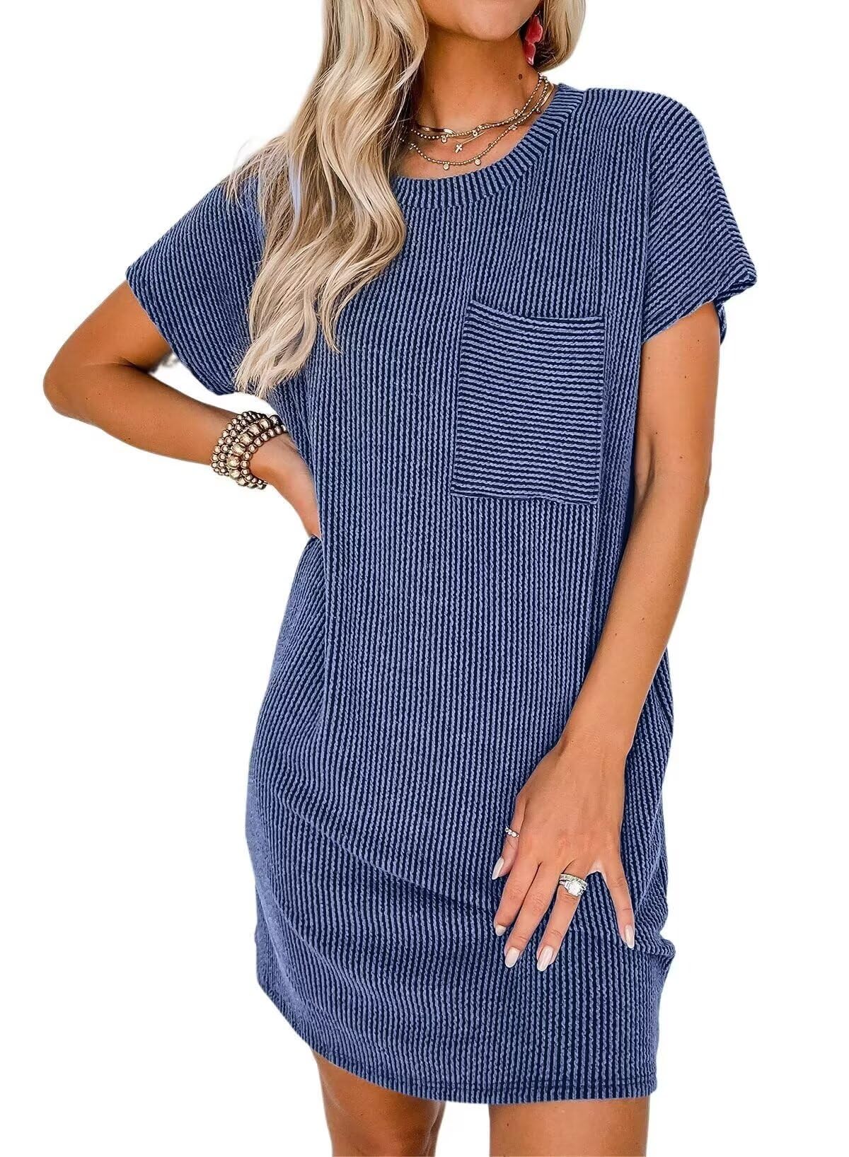 Women’s Textured Stripe Pocket T Shirt Dress Summer