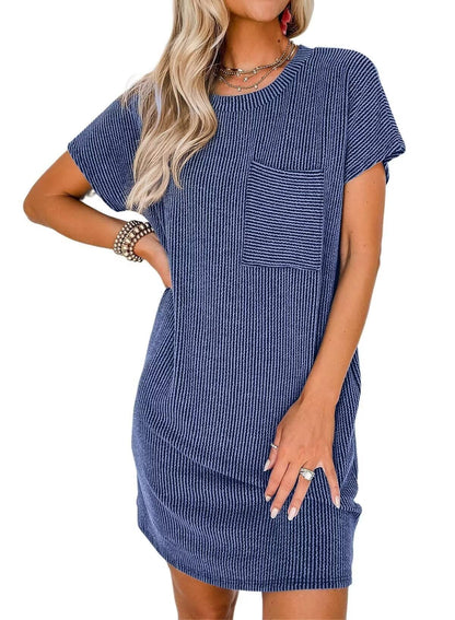 Women’s Textured Stripe Pocket T Shirt Dress Summer