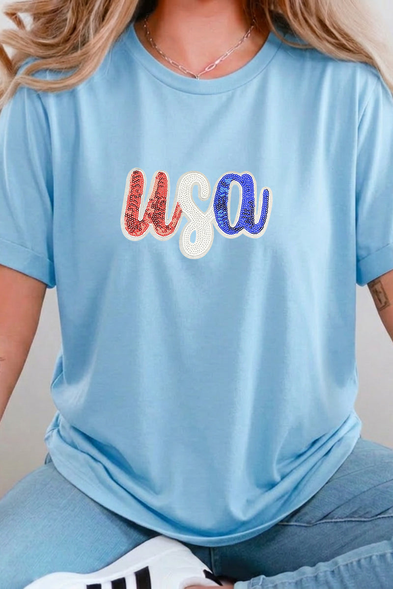 USA Sequin Graphic July 4th Patriotic Tee Shirt