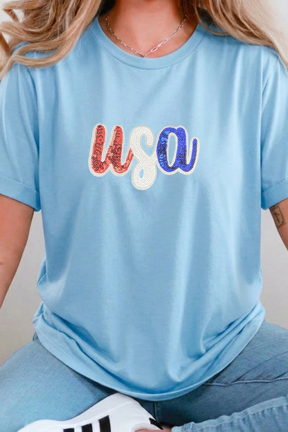 USA Sequin Graphic July 4th Patriotic Tee Shirt