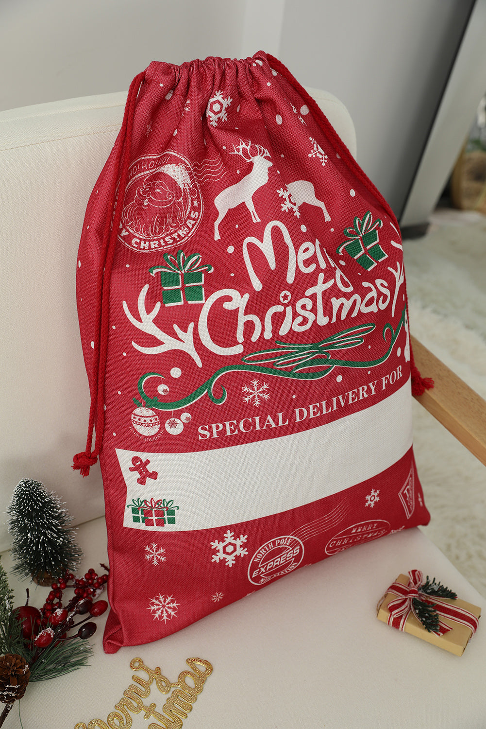 Red Christmas Drawstring Reusable Large Gift Bag 50x66cm