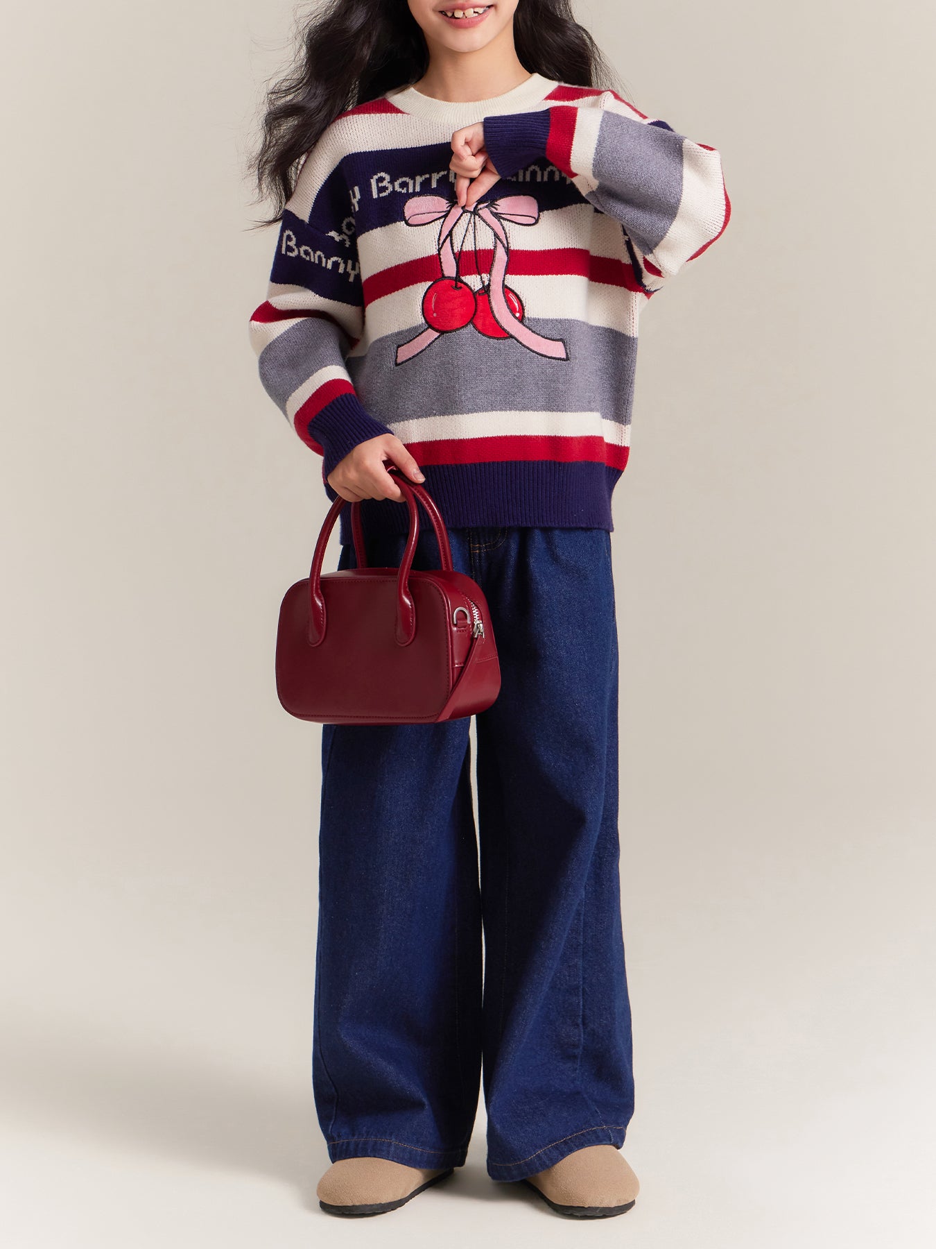 Girls Thick Knit Crew Neck Sweater with Cherry Design