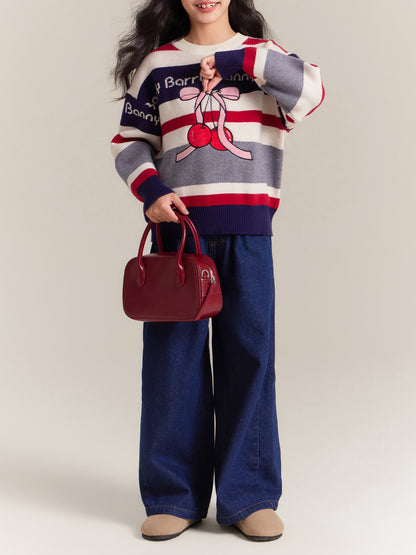 Girls Thick Knit Crew Neck Sweater with Cherry Design