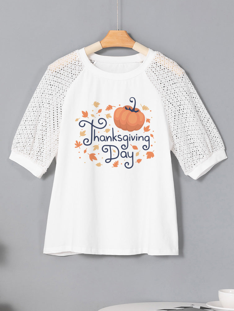 Thanksgiving Pumpkin Leaves Graphic Lace Sleeve Tee