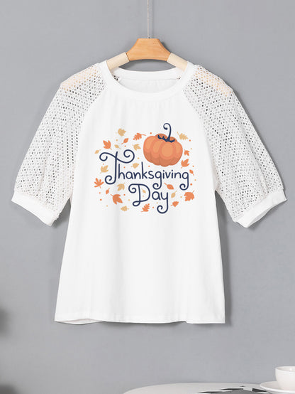 Thanksgiving Pumpkin Leaves Graphic Lace Sleeve Tee