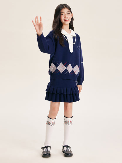 Fall Girls Argyle Knit Set – Sweater & Ruffle Skirt Outfit