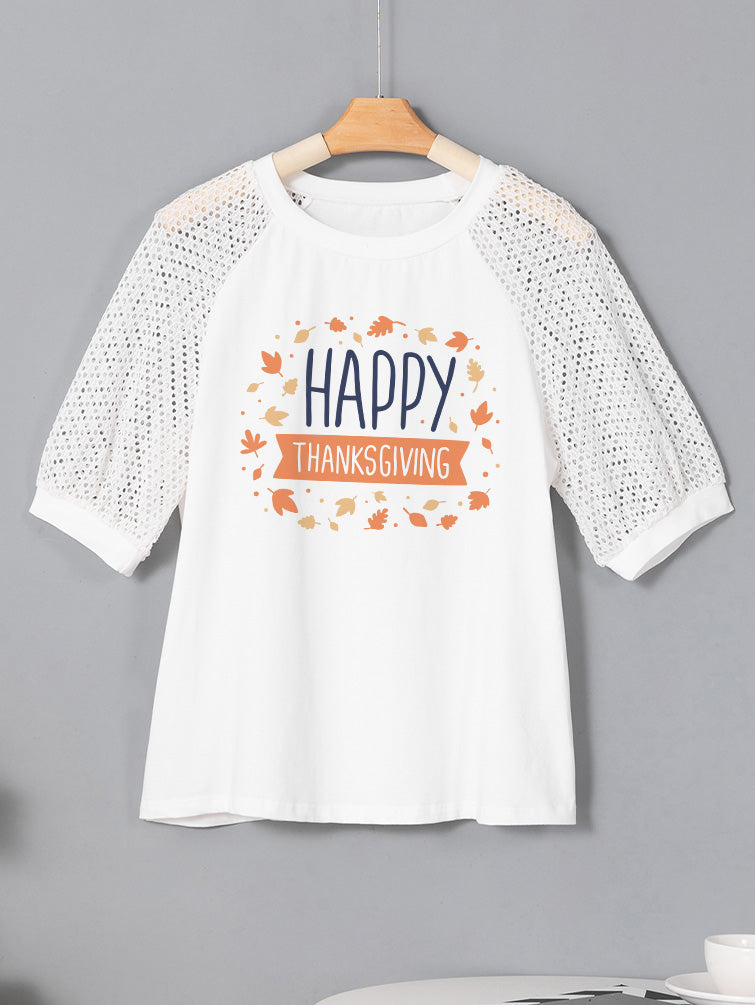 Happy Thanksgiving Leaves Graphic Lace Sleeve Tee