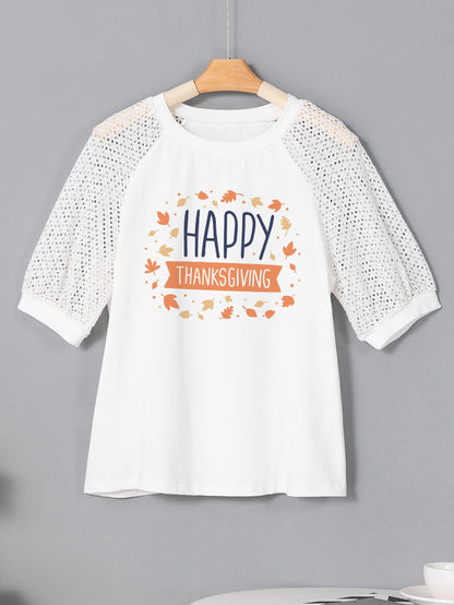 Happy Thanksgiving Leaves Graphic Lace Sleeve Tee