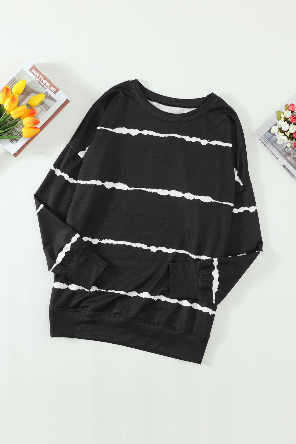 Black Abstract Stripe Tie-Dye Crewneck Sweatshirt