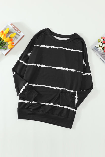 Black Abstract Stripe Tie-Dye Crewneck Sweatshirt