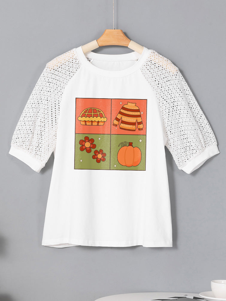 Thanksgiving Fall Pumpkin Pie Sweater Graphic Lace Sleeve Tee