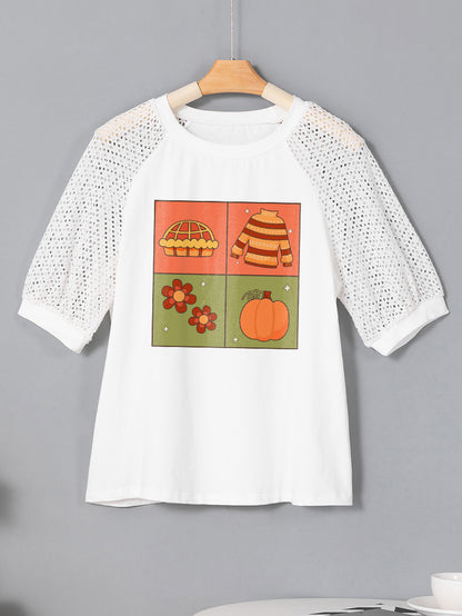 Thanksgiving Fall Pumpkin Pie Sweater Graphic Lace Sleeve Tee