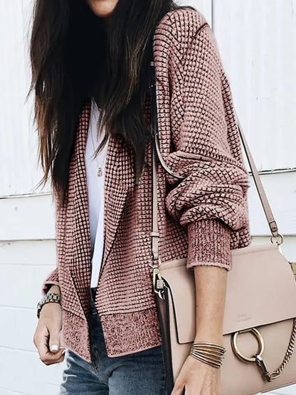 Contrast Trim Plaid Open-Front Knit Cardigan
