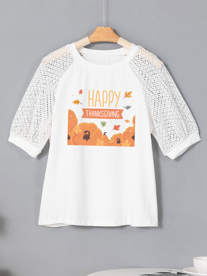 Thanksgiving Pumpkin Fall Leaves Lace Sleeve Tee