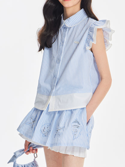 Girls Ruffle Sleeve Striped Blouse and Skirt Shorts