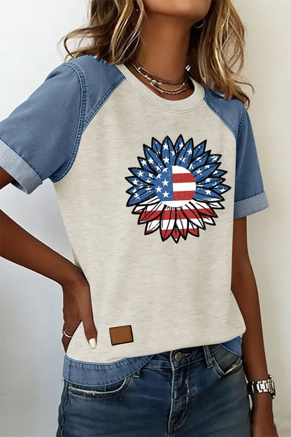 4th of July Sunflower Denim Patchwork Raglan Tee