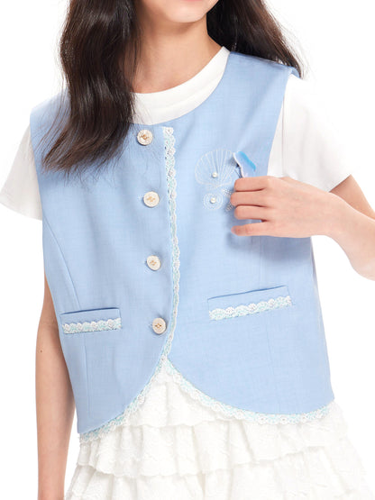 Girls Dolphin Embroidered Lace Trim Sleeveless Vest Top