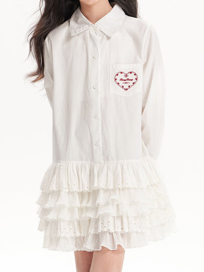 Girls White Ruffle Shirt Dress with Collar and Heart Pocket