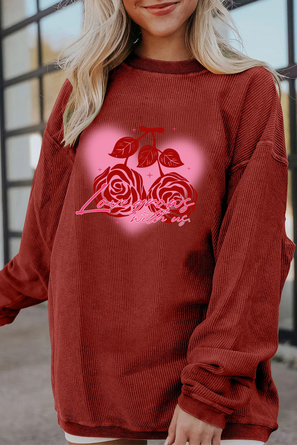 Valentine Rose Heart Corduroy Ribbed Oversized Sweatshirt