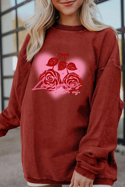Valentine Rose Heart Corduroy Ribbed Oversized Sweatshirt
